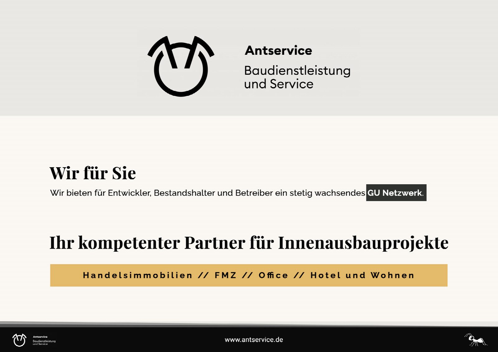 Antservice Handout – Titelseite mit Logo und Leistungsüberblick Titelseite des Antservice-Handouts mit Logo, Claim und Leistungsfeldern Handelsimmobilien, FMZ, Office, Hotel und Wohnen auf hellem Hintergrund