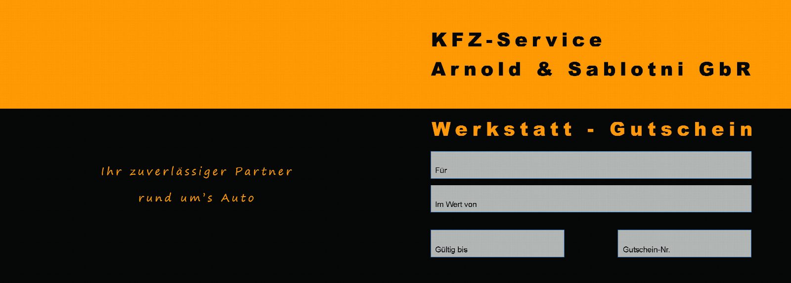 KFZ-Service Arnold & Sablotni – Werkstatt-Gutschein und Visitenkarten