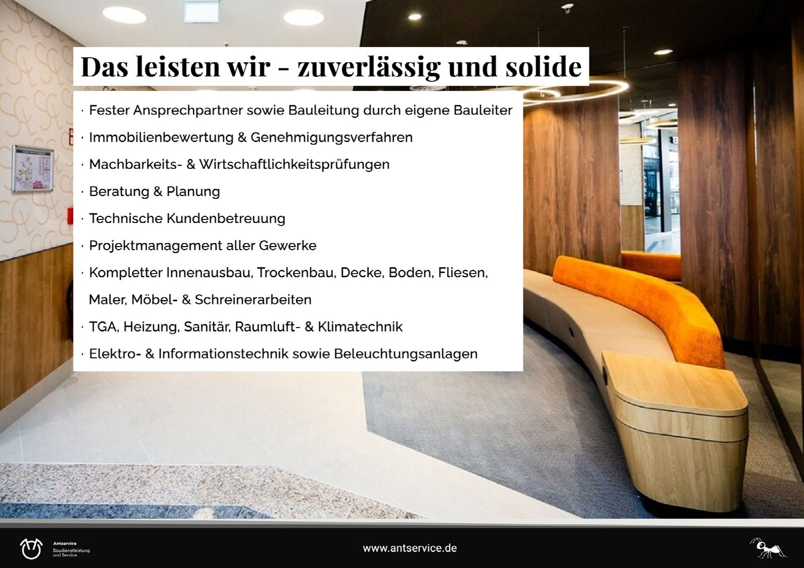 Antservice Handout – Leistungsseite mit Innenausbau-Fotografie Antservice Handout – Leistungsseite mit Innenausbau-Fotografie